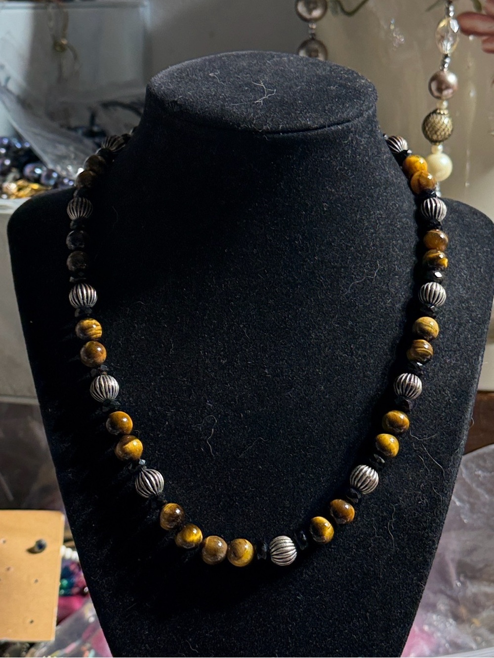 Vintage 925 Sterling Silver Tiger Eye Beaded Necklace